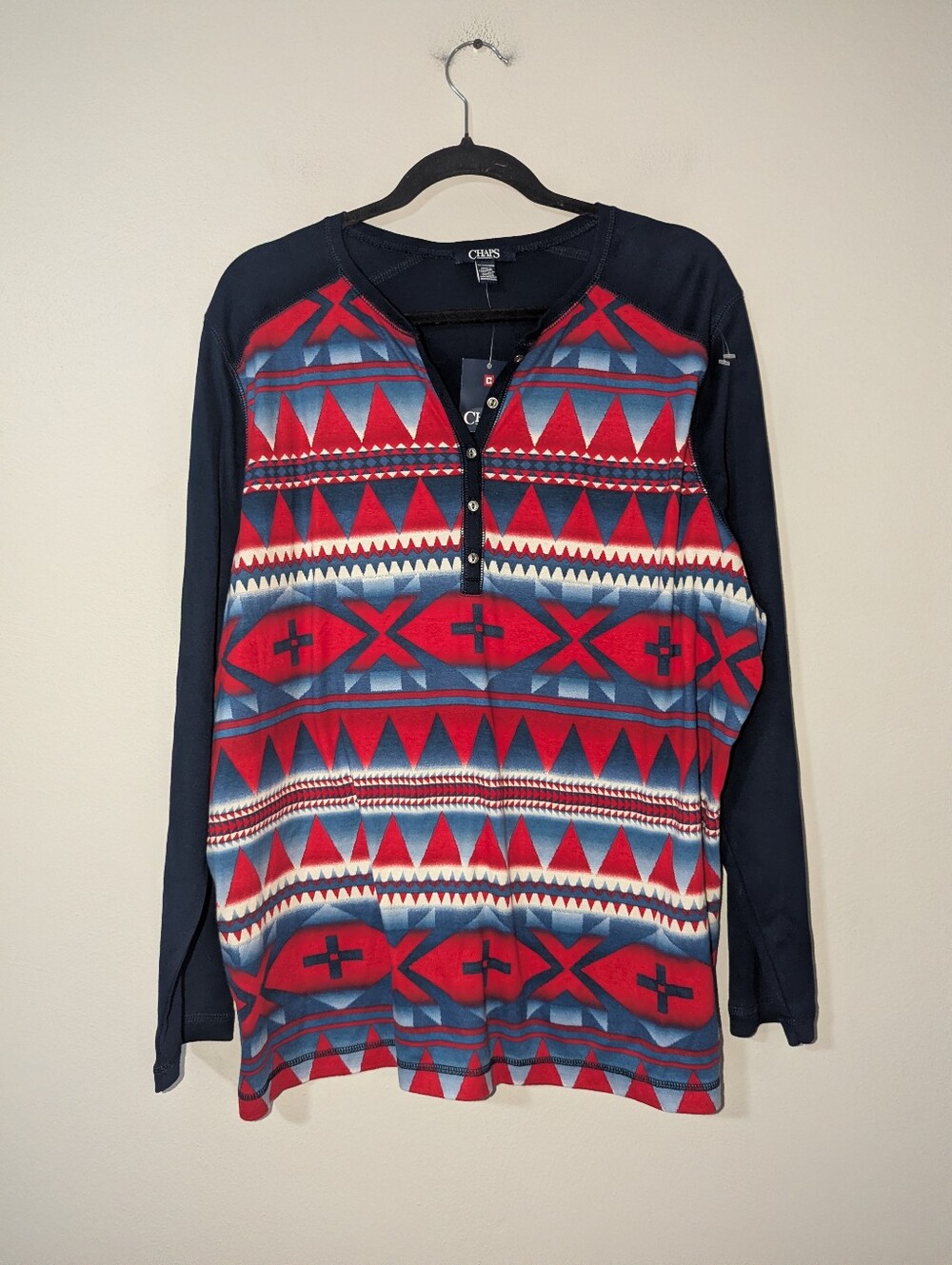 3X NWT Chaps Aztec Print 3/4 Sleeve‎ Navy Top